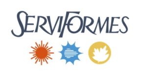 Texte Serviformes avec logo laser orange, logo bleu pour la découpe à l'eau et logo jaune pour l'usinage du bois.